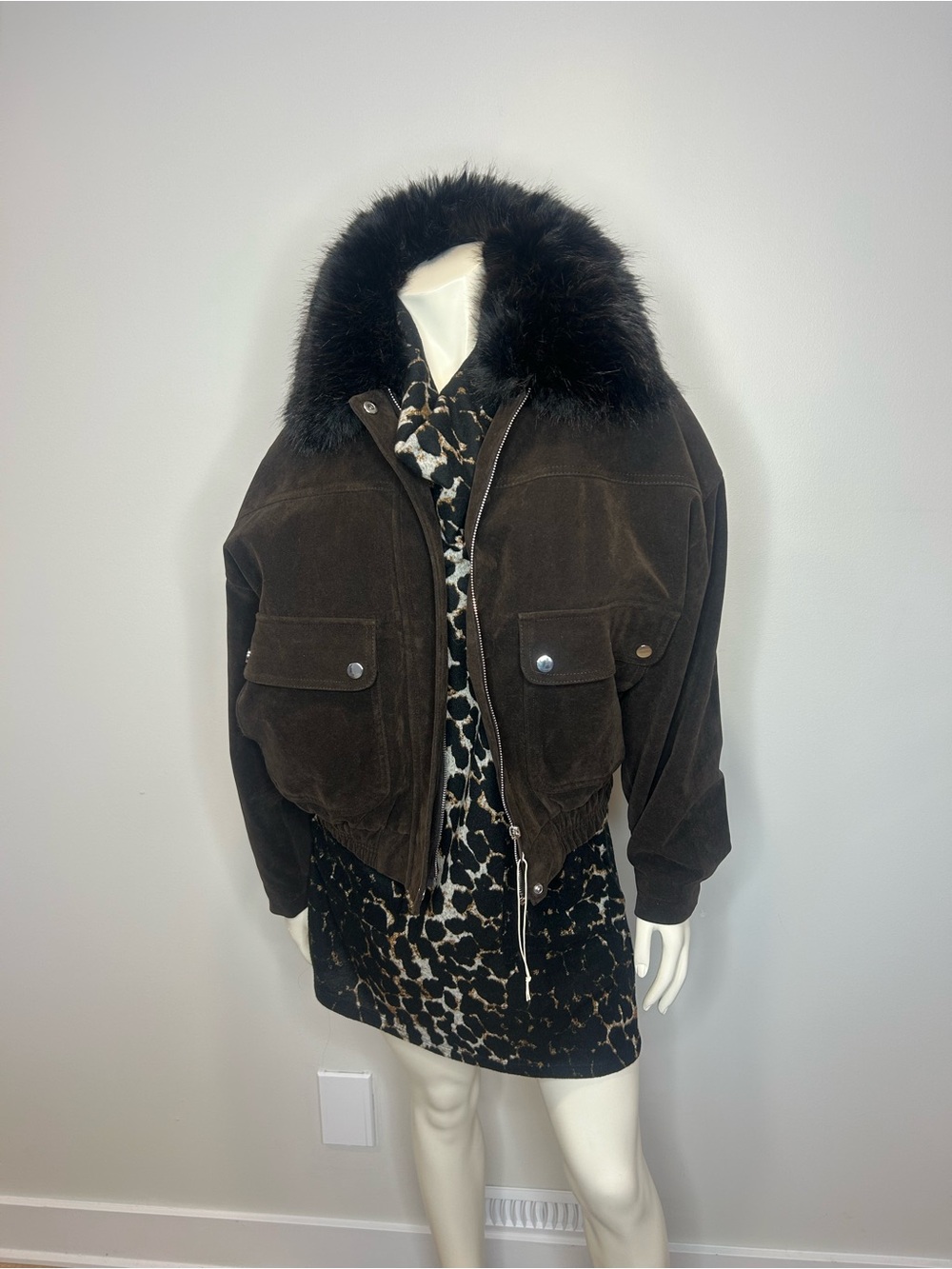 Zara Dark Brown Suede Bomber Jacket with Black Faux Fur Collar